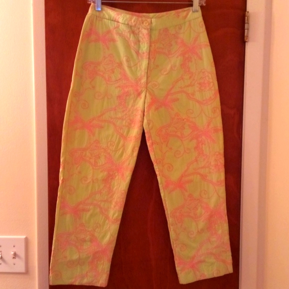Lilly Pulitzer Lime Green & Pink Cat Capri Pants